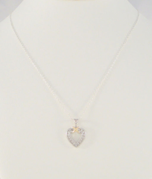 Signed Vintage Sterling Silver &  Sparkly Channel Set Cubic Zirconia Open Heart Pendant Necklace w/ Yellow Gold Vermeil Wrap Accent 18.75" CZ