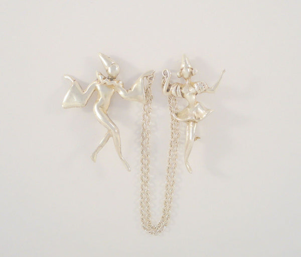 Large Detailed Vintage or Antique Sterling Silver Dimensional Male & Female Pierrot Clowns Figural Sweater Pin circa 1930's to 1940's Art Deco Ballet Dancers
