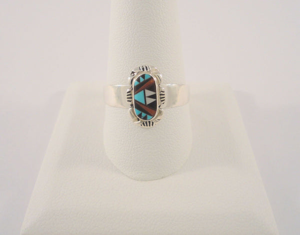 Vintage Signed E. Leekity Sterling Silver Blue Turquoise Red Coral Black Onyx & Mother of Pearl Zuni Inlay Hand Stamped Ring Size 11