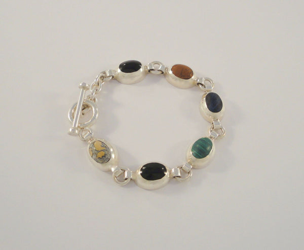 Chunky Vintage Handcrafted Signed Taxco Mexican Sterling Silver w/ Lapis Lazuli Black Onyx Malachite Petrified Wood & Agate Inlaid 12.5mm Dome Link Bracelet 7.5"