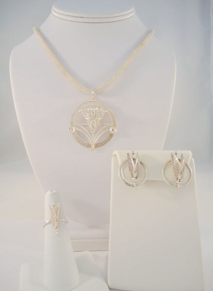 Handcrafted Vintage Sterling Silver Filigree Dimensional Flower Necklace Pierced Earrings & Ring Set in Original Box