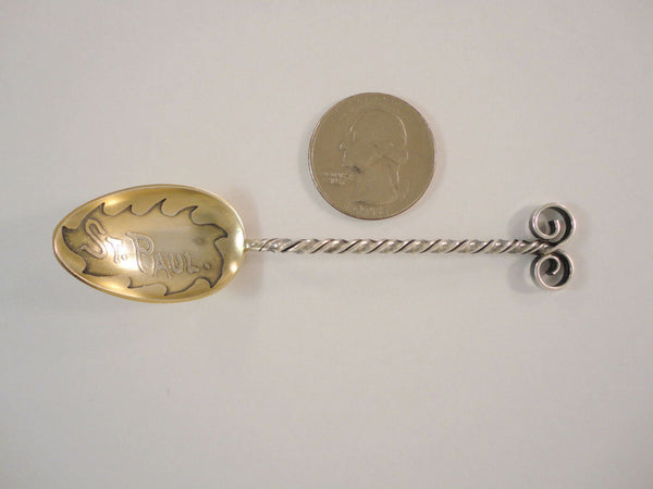 Handcrafted Vintage St. Paul Minnesota Sterling Silver Souvenir Collectors Spoon w/ Twisted Handle Gold-washed & Hand Engraved Bowl