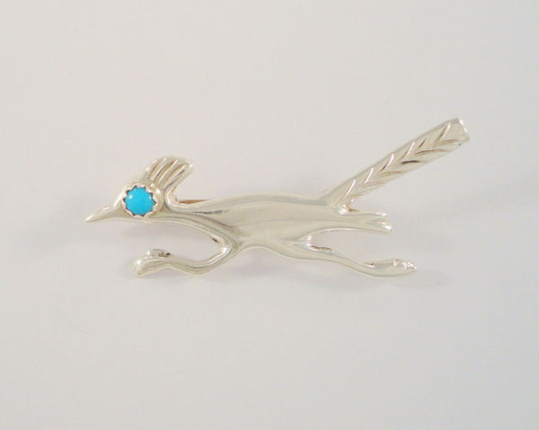 Handcrafted Vintage Native American Sand Cast Sterling Silver & Sawtooth Set Blue Turquoise Eye Southwest Roadrunner Pin or Brooch w/ Hand Stamped Details Bird