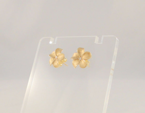 Curvy Dimensional Signed Vintage Satin Matte Finish w/ Polished Accents 14K Solid Yellow Gold & Diamonds Hawaiian Plumeria Flower 11mm Stud Pierced Earrings