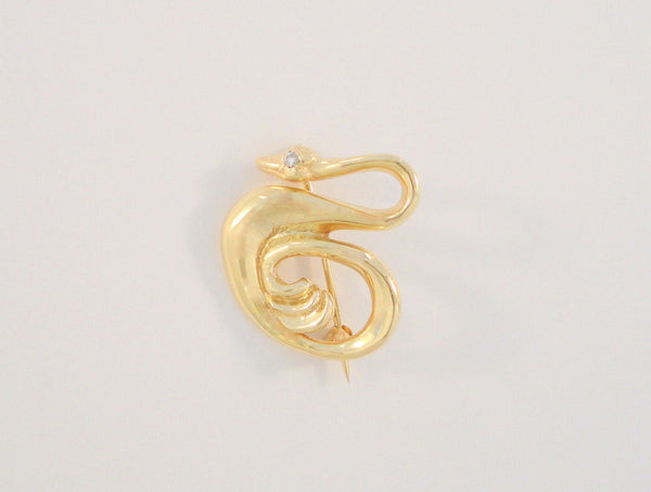 Vintage or Antique Solid 14K Yellow Gold Snake Serpent Brooch w/ Old Rose Cut Diamond Eye Unique Pin