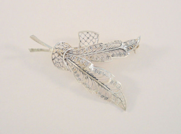 Intricate Detailed Handcrafted Signed Vintage Willi Nonnenmann Sterling Silver Dimensional Feathers & Ribbon Fine German Filigree Brooch Openwork Pin