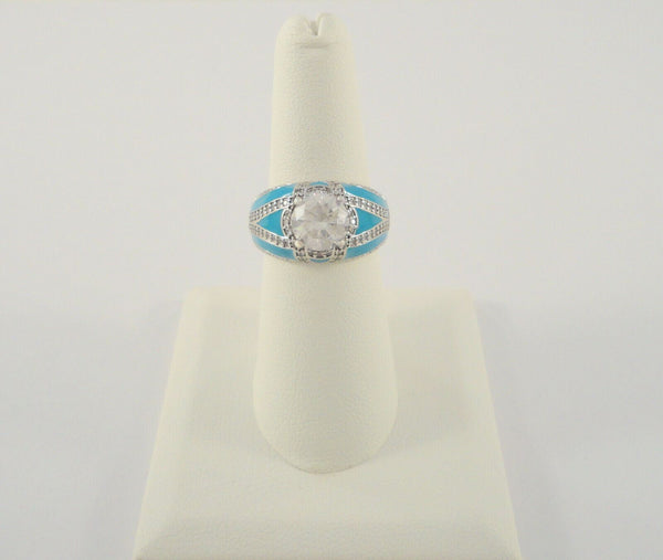 Bold and Bright Signed Vintage Sterling Silver w/ Turquoise Blue Enamel &  Sparkly Cubic Zirconia Wide Band Dome Ring Size 7