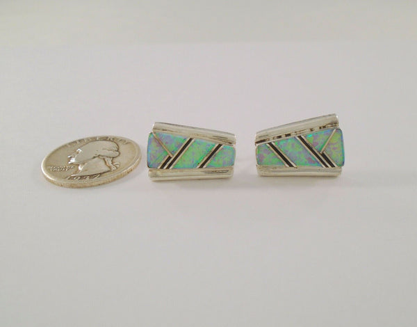 New Large Native American Handcrafted Signed Sterling Silver Opal & Black Onyx Inlaid Dimensional Stud Pierced Earrings by Navajo Artisan Rita Abeita