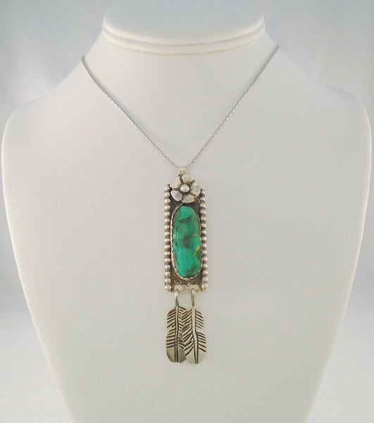Large Detailed Vintage Native American Handcrafted Signed Sterling Silver w/ Malachite Carved Flower & Dangling Feathers Pendant Necklace Navajo Artist Leander Nezzie