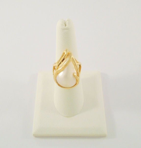 Large Unique Signed Vintage 14K Solid Yellow Gold & 21x16mm Creamy White Mabe Teardrop Pearl Curvy Ornate Ring Size 8