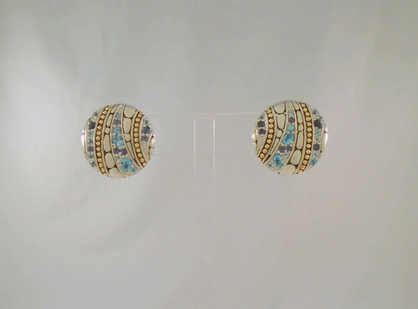Large Signed Vintage John Hardy Sterling Silver & 18K Yellow Gold Round Kali Lavafire Omega Pierced Earrings w/ Blue Topaz Aquamarine, and Iolite