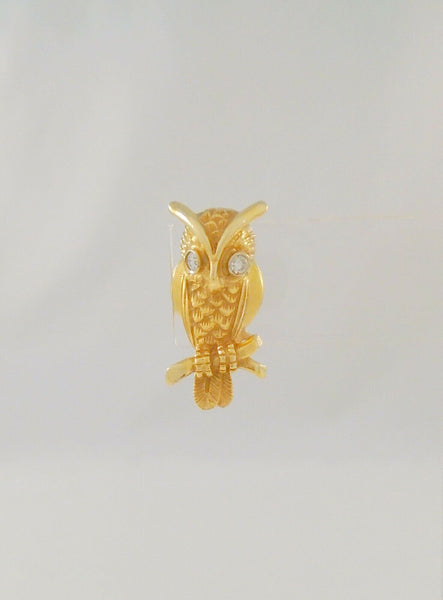 Highly Detailed Vintage or Antique Solid 14K Yellow Gold Carved Owl Pin or Tie Tack w/ Sparkly Natural Diamond Eyes