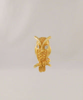 Highly Detailed Vintage or Antique Solid 14K Yellow Gold Carved Owl Pin or Tie Tack w/ Sparkly Natural Diamond Eyes