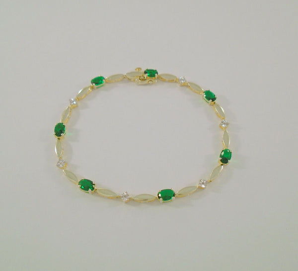 Luxurious Signed Vintage Yellow Gold Vermeil over Sterling Silver Curvy Oval Link Bracelet w/ Prong-Set Deep Green & Clear Faceted Stones + Safety Catch 7.5"
