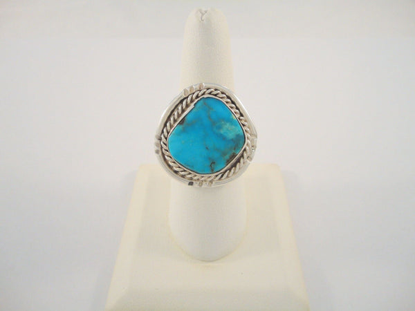 Chunky Handcrafted Vintage Southwestern Sterling Silver and Bright Blue Turquoise Split-Side Ring w/ Rope Detail & Matrix Size 9 - 9.5