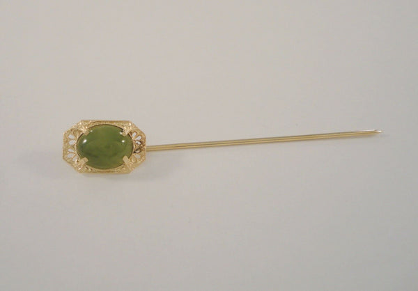 Antique Solid 14K Yellow Gold & Translucent Cabochon Green Jade Detailed Fine Filigree Openwork Art Deco Stick Pin