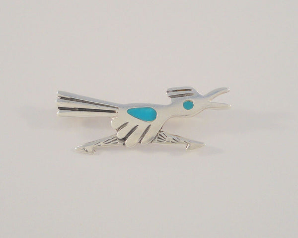 Handcrafted Vintage Native American Sterling Silver w/ Blue Turquoise Inlay Southwest Hand Stamped Roadrunner Pin or Brooch