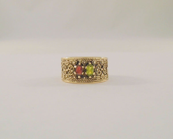 Bold Detailed Vintage Solid 14K Yellow Gold w/ Black Enamel Rope Hearts & Flowers Band Marquis Peridot & Garnet 11mm Wide Ring Size 7.5 1970's Mother