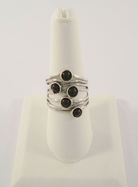 Large Bold Highly Detailed Vintage Handcrafted Signed RL of Israel Sterling Silver & Cabochon Black Onyx Modernist Statement Ring w/ Seven Alternating Rows of Polished and Snakeskin Textured Bands Size 7