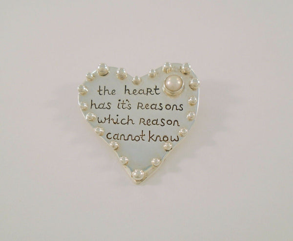Large Vintage Sterling Silver & Silvery - White Pearl Heart Brooch w/ Applied Dot Details & Carved Blaise Pascal quote, "the heart has it's reasons which reason cannot know" The Dreamer Pin