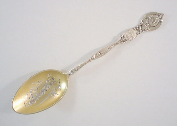 Detailed Vintage or Antique Signed Sterling Silver George Washington Seattle State Collector's Souvenir Gold Washed Spoon Ships Timber Mining Fishing