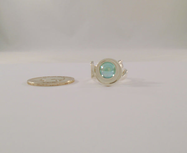 Bold Handcrafted Signed Vintage Modernist Sterling Silver Statement Ring set w/ a Unique Iridescent Floating Blue - Green Orb Ball Sphere Size 7