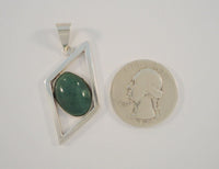 Large Unusual Vintage Handcrafted Signed IES Mexican Sterling Silver & Cabochon Green Aventurine Open Diamond Shaped Angled Modernist Pendant