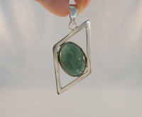 Large Unusual Vintage Handcrafted Signed IES Mexican Sterling Silver & Cabochon Green Aventurine Open Diamond Shaped Angled Modernist Pendant
