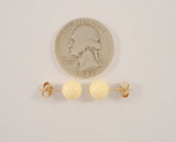 Classy Signed Vintage 14K Solid Yellow Gold & 8mm Round Creamy White Carved Coral Ball Stud Earrings