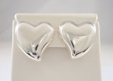 Large Handcrafted  Signed Vintage Mexican Repousse Sterling Silver Modernist Puffy Heart Clip-On Earrings