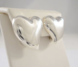 Large Handcrafted  Signed Vintage Mexican Repousse Sterling Silver Modernist Puffy Heart Clip-On Earrings