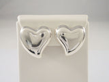 Large Handcrafted  Signed Vintage Mexican Repousse Sterling Silver Modernist Puffy Heart Clip-On Earrings