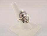 Big Bold Highly Detailed Signed Vintage Bali Style Sterling Silver & 18K Yellow Gold w/ White Freshwater Pearl Ring Size 8.5