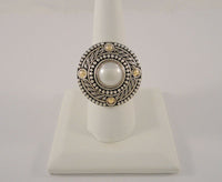 Big Bold Highly Detailed Signed Vintage Bali Style Sterling Silver & 18K Yellow Gold w/ White Freshwater Pearl Ring Size 8.5