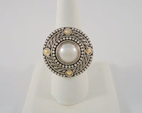 Big Bold Highly Detailed Signed Vintage Bali Style Sterling Silver & 18K Yellow Gold w/ White Freshwater Pearl Ring Size 8.5