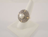 Big Bold Highly Detailed Signed Vintage Bali Style Sterling Silver & 18K Yellow Gold w/ White Freshwater Pearl Ring Size 8.5