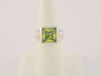 Big Bold Signed Vintage Sterling Silver & Princess Cut Peridot Green Gemstone Curvy Fluted Modernist Statement Ring Size 7