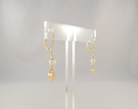 Long Signed Vintage 14K Solid Yellow Gold & White Freshwater Pearl Leverback Earrings w/ Hammered Round Beads & Puffy Hearts