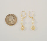 Long Signed Vintage 14K Solid Yellow Gold & White Freshwater Pearl Leverback Earrings w/ Hammered Round Beads & Puffy Hearts