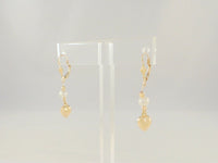 Long Signed Vintage 14K Solid Yellow Gold & White Freshwater Pearl Leverback Earrings w/ Hammered Round Beads & Puffy Hearts