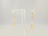 Long Signed Vintage 14K Solid Yellow Gold & White Freshwater Pearl Leverback Earrings w/ Hammered Round Beads & Puffy Hearts