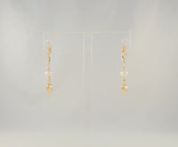 Long Signed Vintage 14K Solid Yellow Gold & White Freshwater Pearl Leverback Earrings w/ Hammered Round Beads & Puffy Hearts