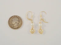 Long Signed Vintage 14K Solid Yellow Gold & White Freshwater Pearl Leverback Earrings w/ Hammered Round Beads & Puffy Hearts