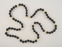 Long Dramatic Vintage Hand Knotted 14K Solid Yellow Gold Faceted Beveled Mirror Ball & Round Black Onyx Beaded Strand Necklace 11mm Circa 1960's - 70's Long 33 5/8"