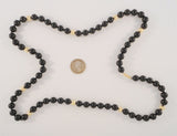 Long Dramatic Vintage Hand Knotted 14K Solid Yellow Gold Faceted Beveled Mirror Ball & Round Black Onyx Beaded Strand Necklace 11mm Circa 1960's - 70's Long 33 5/8"