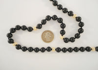 Long Dramatic Vintage Hand Knotted 14K Solid Yellow Gold Faceted Beveled Mirror Ball & Round Black Onyx Beaded Strand Necklace 11mm Circa 1960's - 70's Long 33 5/8"