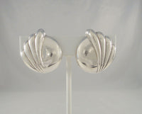 Large 28.57mm Handcrafted Vintage Sterling Silver Streamlined Curvy Art Deco Circles and Waves Clip On Earrings