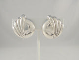 Large 28.57mm Handcrafted Vintage Sterling Silver Streamlined Curvy Art Deco Circles and Waves Clip On Earrings