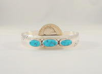 Handcrafted Signed Vintage Native American Hand Stamped Sterling Silver & Sleeping Beauty Turquoise Navajo Cuff Bracelet w/ Southwest Bead Details