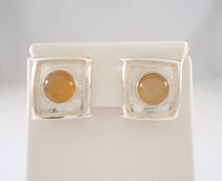 Unusual Handcrafted Artisan Signed Vintage Modernist Textured Sterling Silver & Golden Butterscotch Cabochon Gemstone Raked Square Pierced Earrings